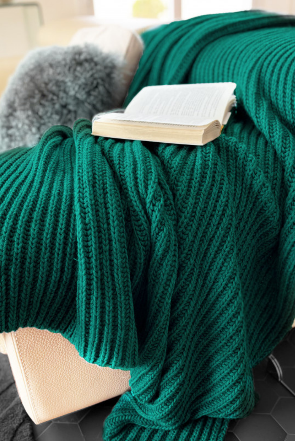 Plaid Cannes en Laine grosse mailles vert - Maison Bonnefoy