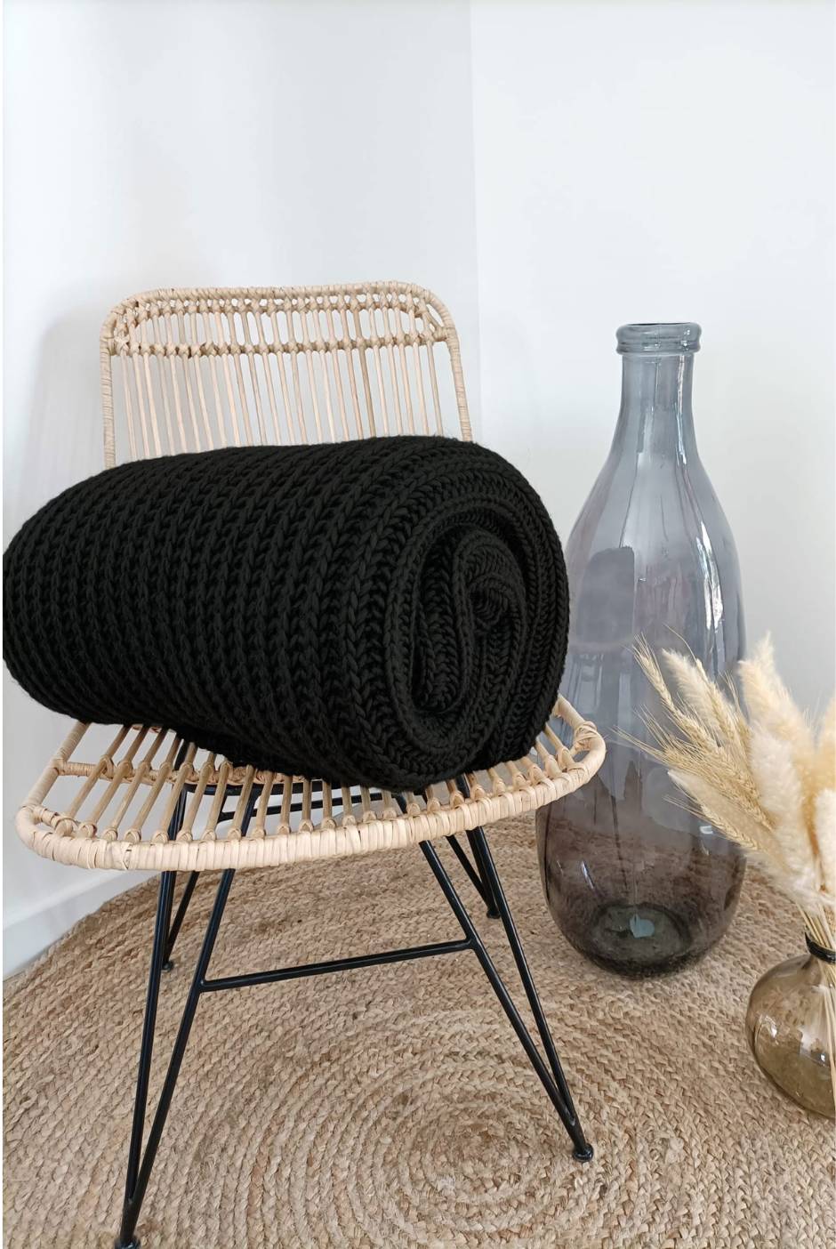 Plaid Cannes en Laine grosse mailles noir - Maison Bonnefoy