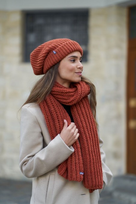 Bonnet tombant Colombe femme grosse maille brique - Maison Bonnefoy