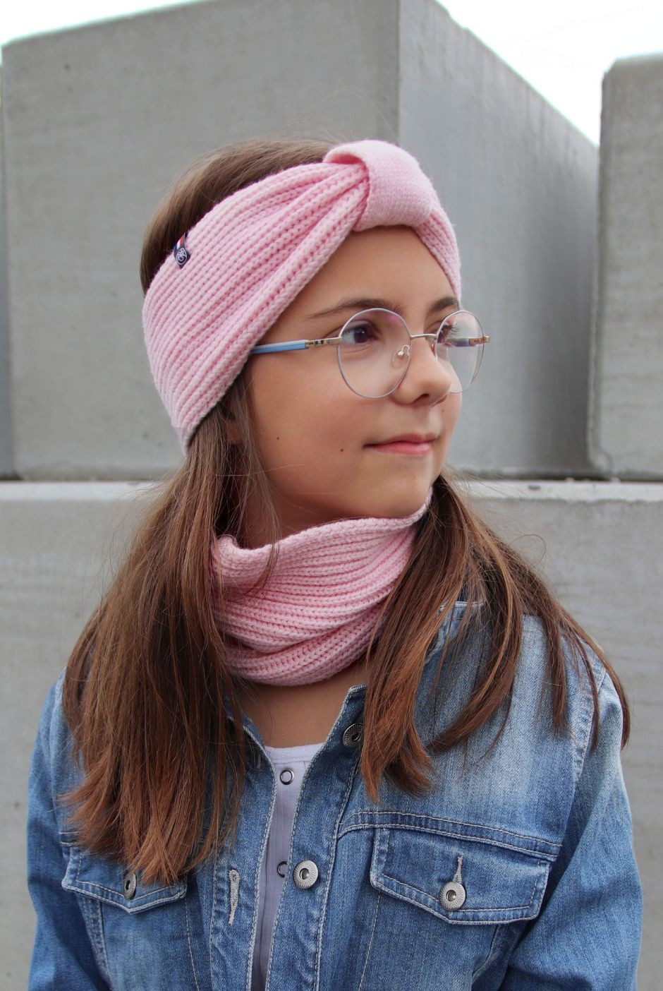 Bandeau avec nœud Perinne Laine grosse maille enfant fille rose - Maison Bonnefoy
