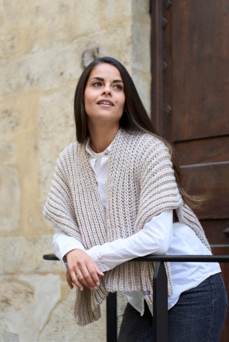 Poncho Colombe Laine grosse maille femme beige - Maison Bonnefoy