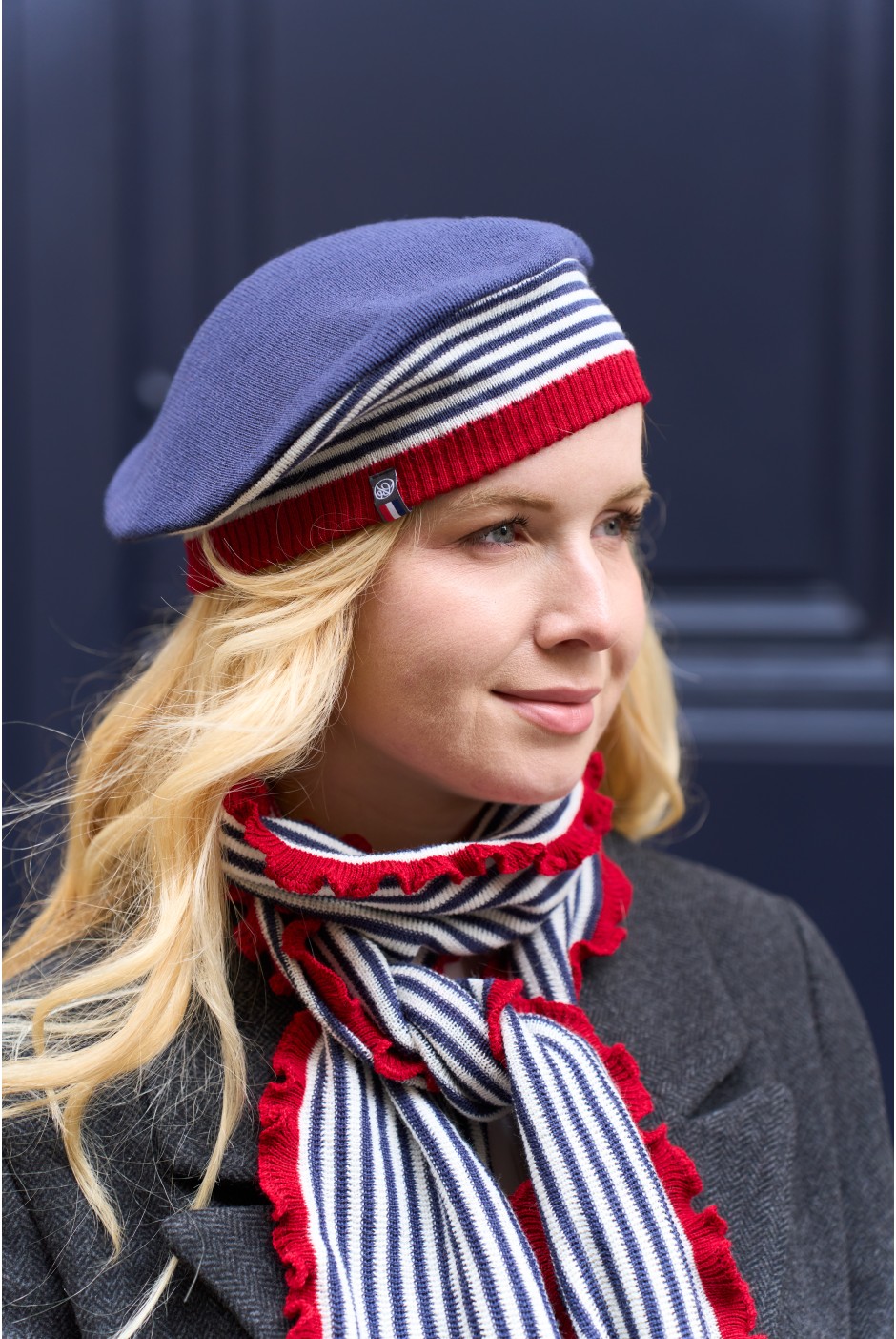 Béret Léna Laine femme marine/rouge - Maison Bonnefoy