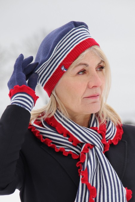 Béret Léna Laine femme marine/rouge - Maison Bonnefoy